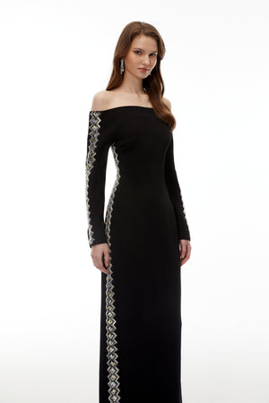 Aurohaya Lorelei Black Off Shoulder Embellished Maxi Dress