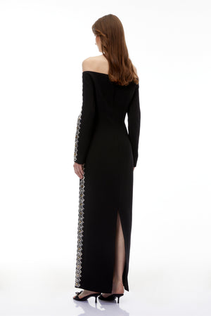 Aurohaya Lorelei Black Off Shoulder Embellished Maxi Dress