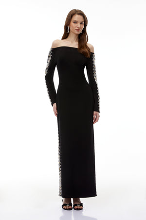 Aurohaya Lorelei Black Off Shoulder Embellished Maxi Dress
