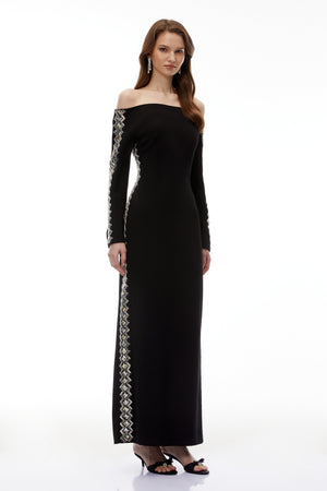 Aurohaya Lorelei Black Off Shoulder Embellished Maxi Dress