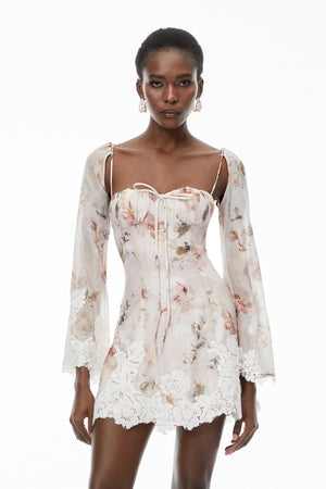 Aurohaya Lourdes Pink Floral Print Mini Dress with Lace Trim