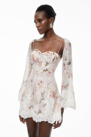 Aurohaya Lourdes Pink Floral Print Mini Dress with Lace Trim