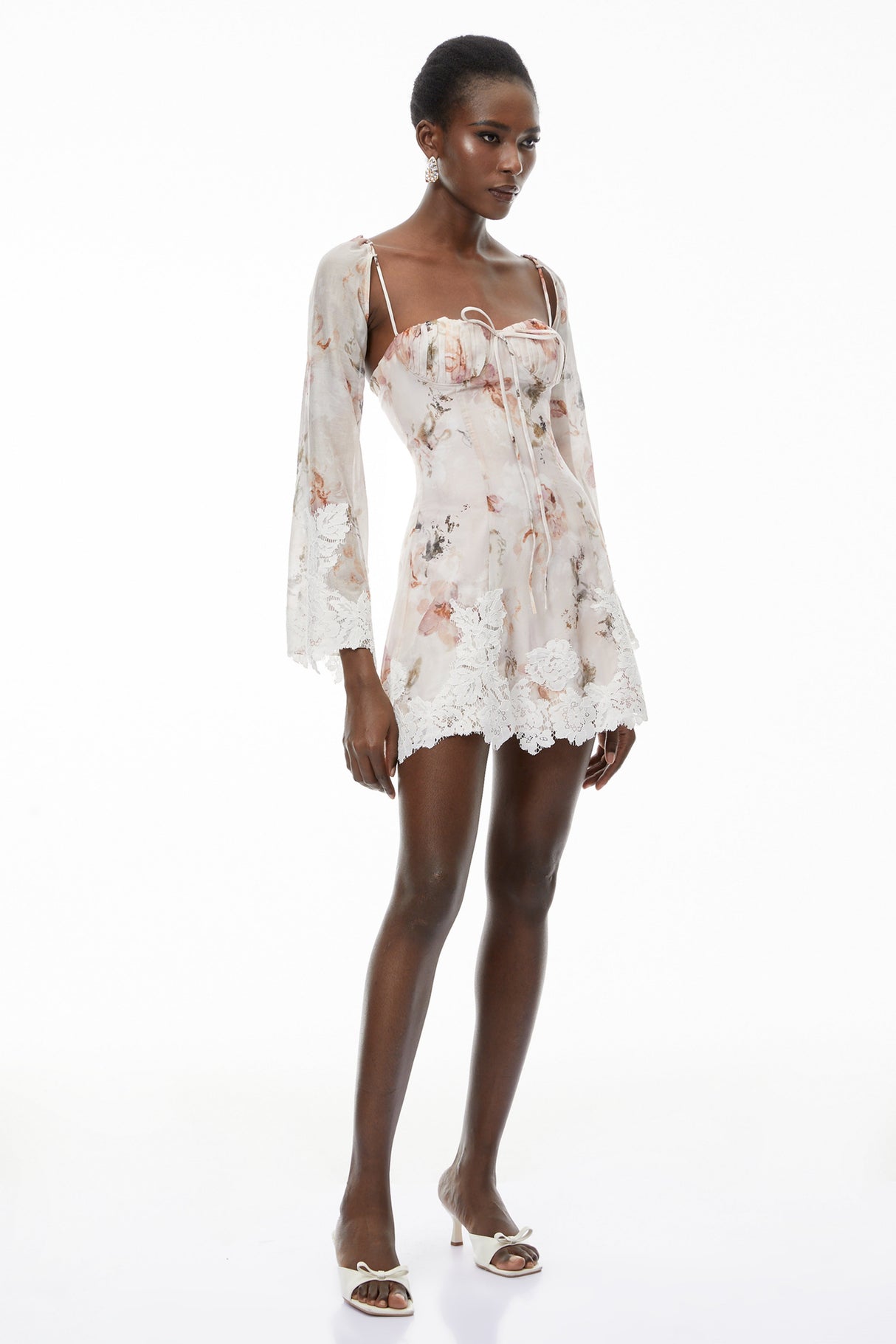 Aurohaya Lourdes Pink Floral Print Mini Dress with Lace Trim