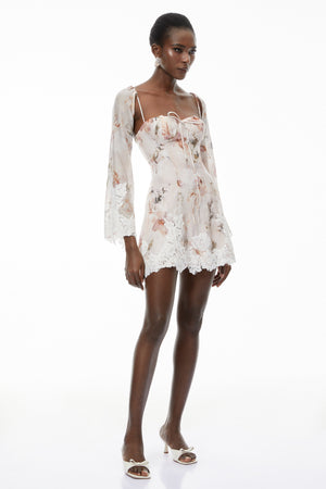 Aurohaya Lourdes Pink Floral Print Mini Dress with Lace Trim