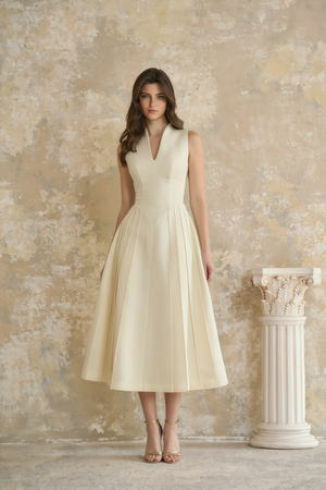Aurohaya Lovisa Neutral Shawl Detail Shirred Midi Dress