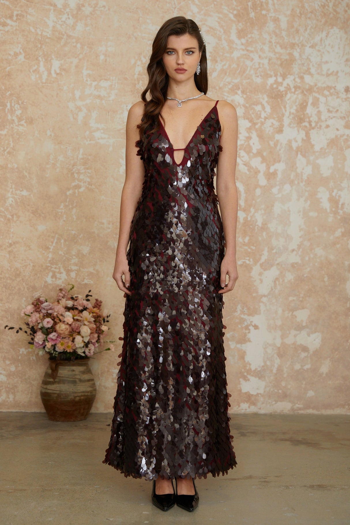 Aurohaya Lucyna Brown V-Neck Sequin Maxi Dress