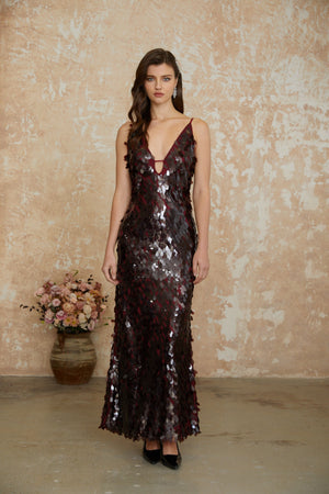 Aurohaya Lucyna Brown V-Neck Sequin Maxi Dress