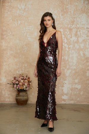 Aurohaya Lucyna Brown V-Neck Sequin Maxi Dress
