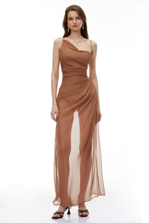 Aurohaya Ludmila Camel Semi-Sheer Ruched Maxi Dress