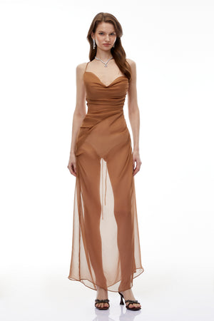 Aurohaya Ludmila Camel Semi-Sheer Ruched Maxi Dress