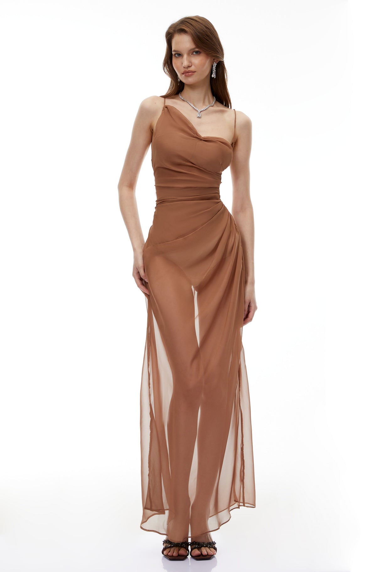 Aurohaya Ludmila Camel Semi-Sheer Ruched Maxi Dress