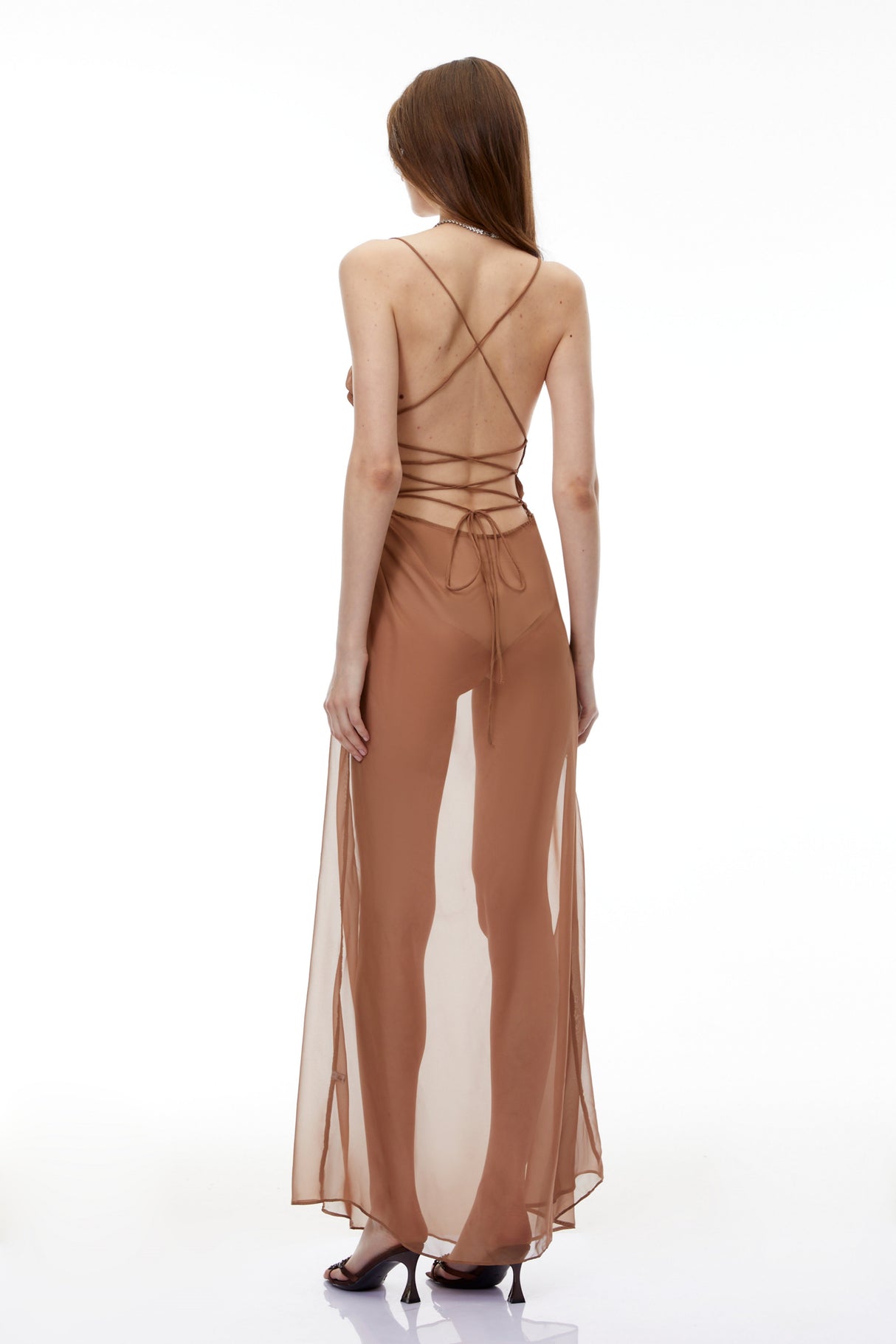 Aurohaya Ludmila Camel Semi-Sheer Ruched Maxi Dress