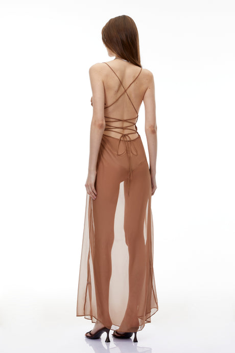 Aurohaya Ludmila Camel Semi-Sheer Ruched Maxi Dress