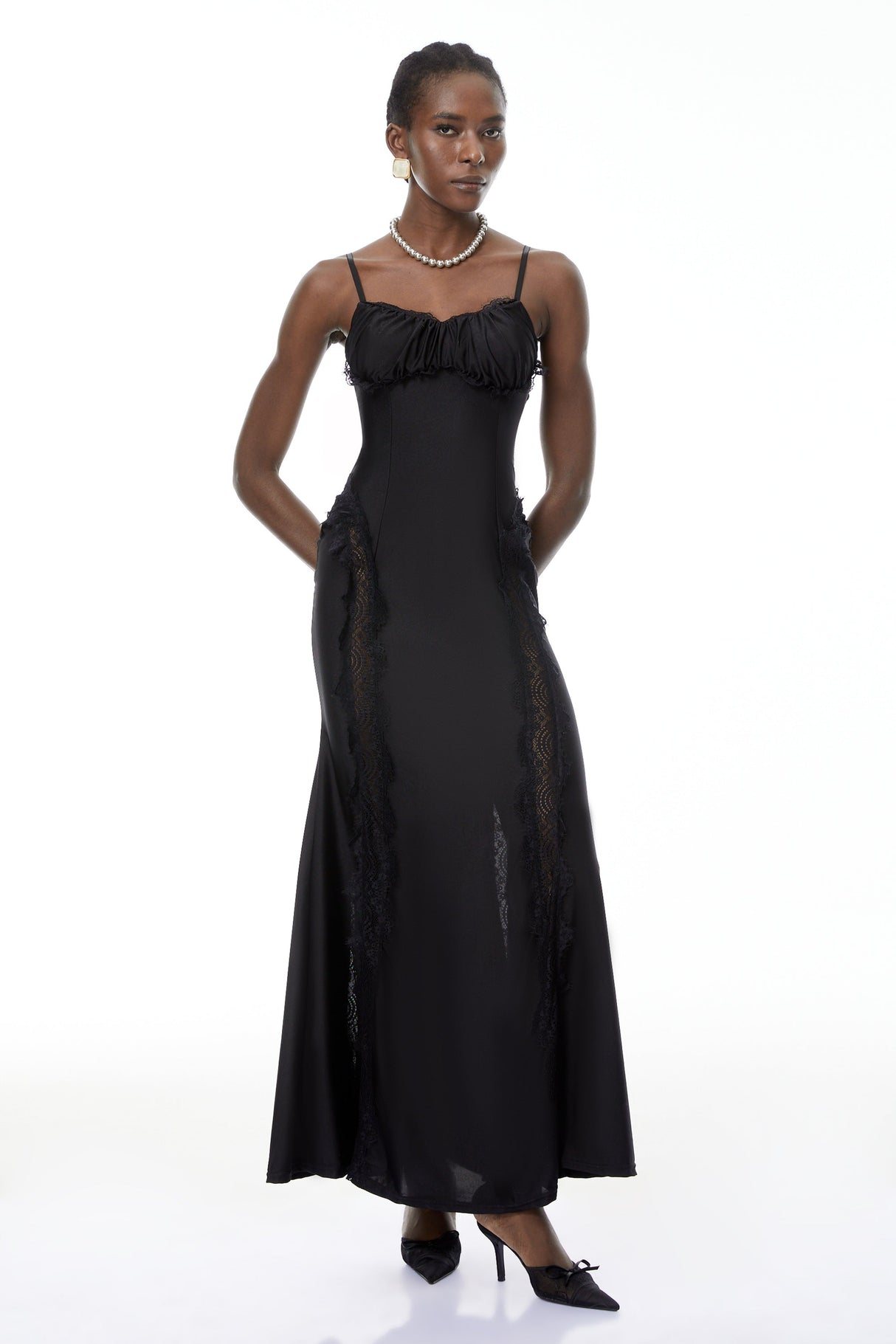 Aurohaya Luminița Black Lace Trim Corset Maxi Dress