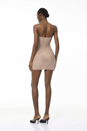 Aurohaya Luminita Neutral Halterneck Rhinestone Mini Dress