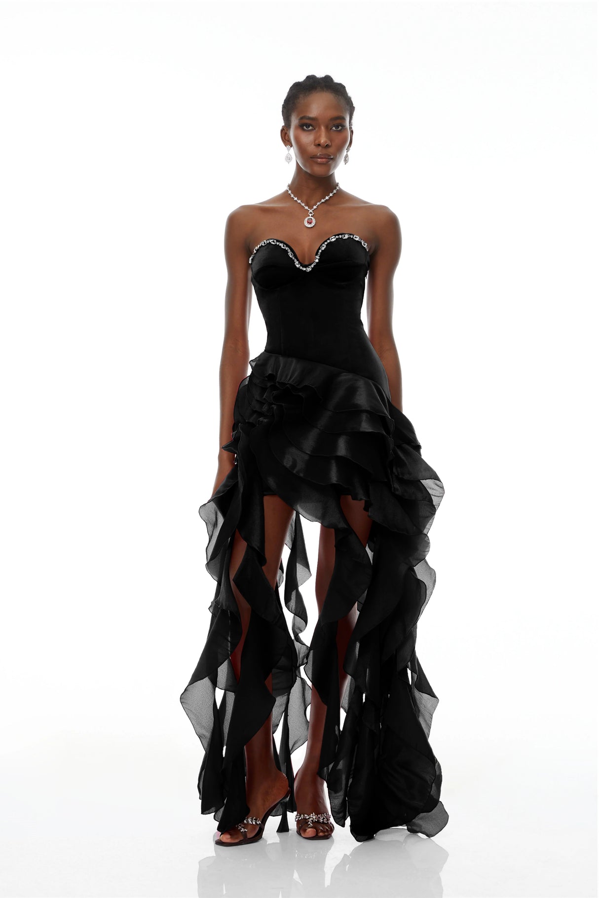 Aurohaya Lunetta Black Strapless Ruffled Maxi Dress