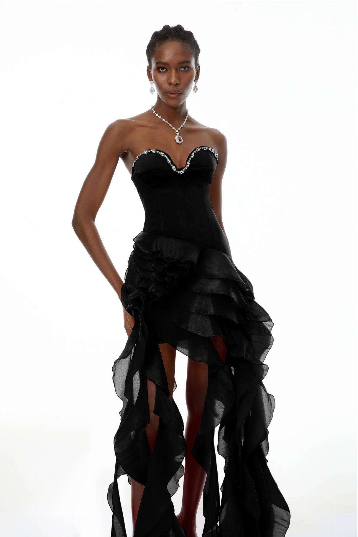 Aurohaya Lunetta Black Strapless Ruffled Maxi Dress