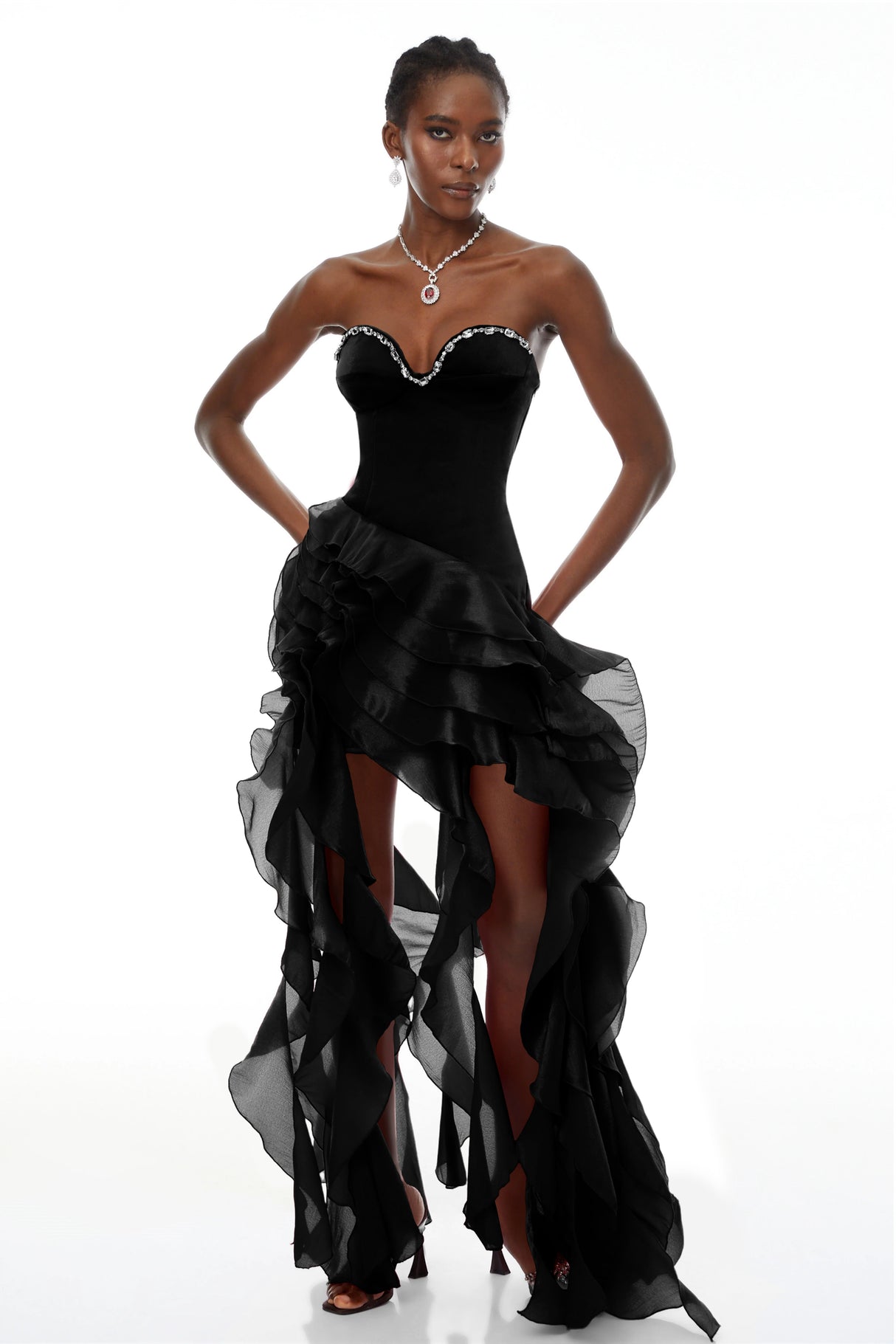 Aurohaya Lunetta Black Strapless Ruffled Maxi Dress