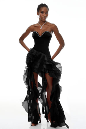 Aurohaya Lunetta Black Strapless Ruffled Maxi Dress