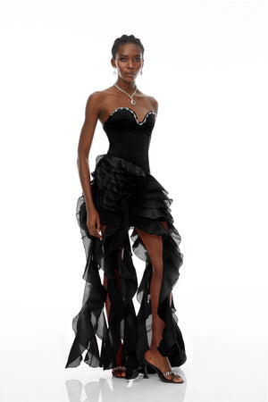 Aurohaya Lunetta Black Strapless Ruffled Maxi Dress