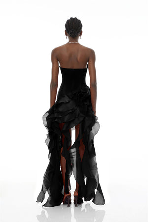 Aurohaya Lunetta Black Strapless Ruffled Maxi Dress