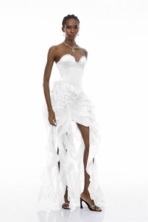 Aurohaya Lunetta White Strapless Ruffled Maxi Dress