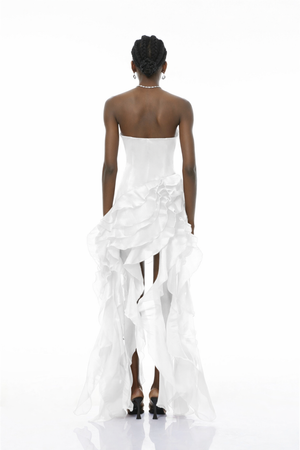 Aurohaya Lunetta White Strapless Ruffled Maxi Dress