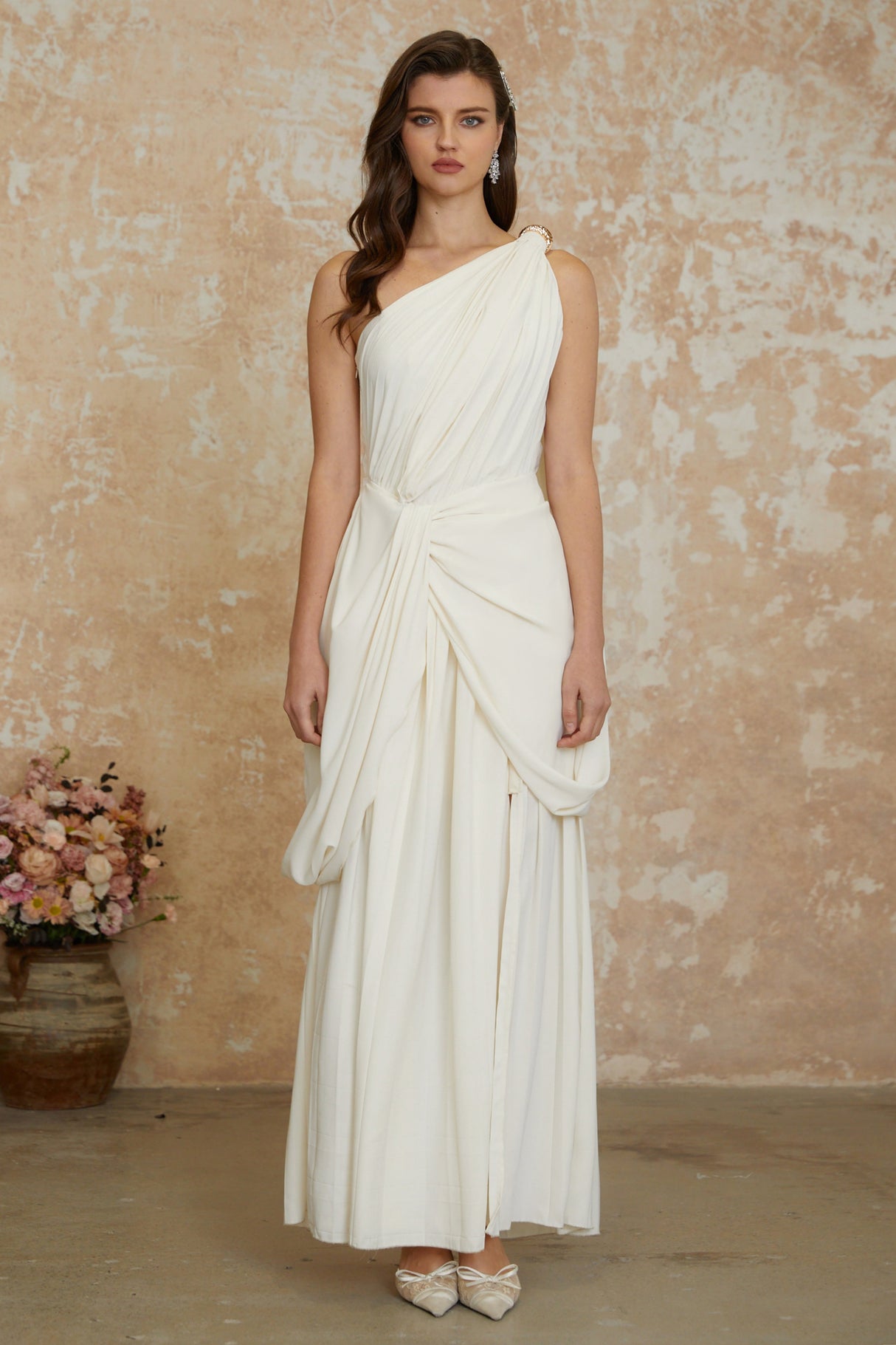 Aurohaya Lyric White Twist High Slit Ruched Maxi Dress