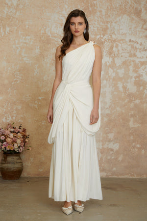 Aurohaya Lyric White Twist High Slit Ruched Maxi Dress