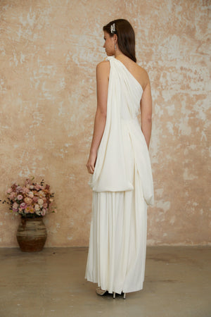 Aurohaya Lyric White Twist High Slit Ruched Maxi Dress