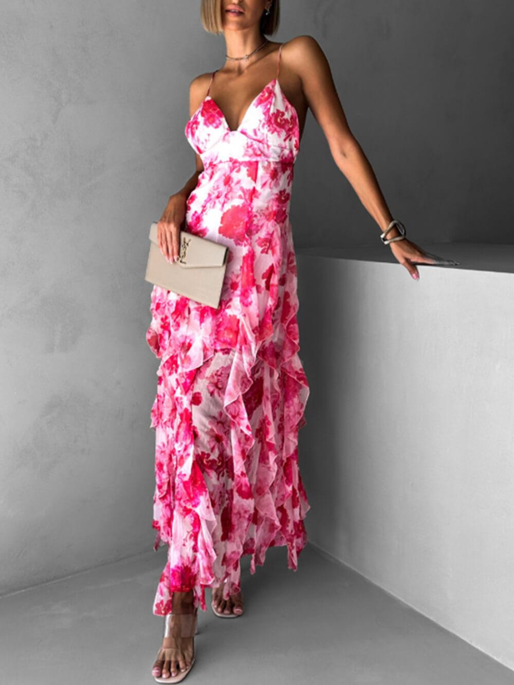 Aurohaya Fashionable Chiffon Printed Off-Shoulder Slit Maxi Dress Red