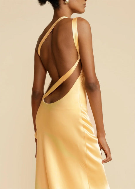 Aurohaya Moonlit Soiree Satin Asymmetrical One Shouder Backless Strap Maxi Dress