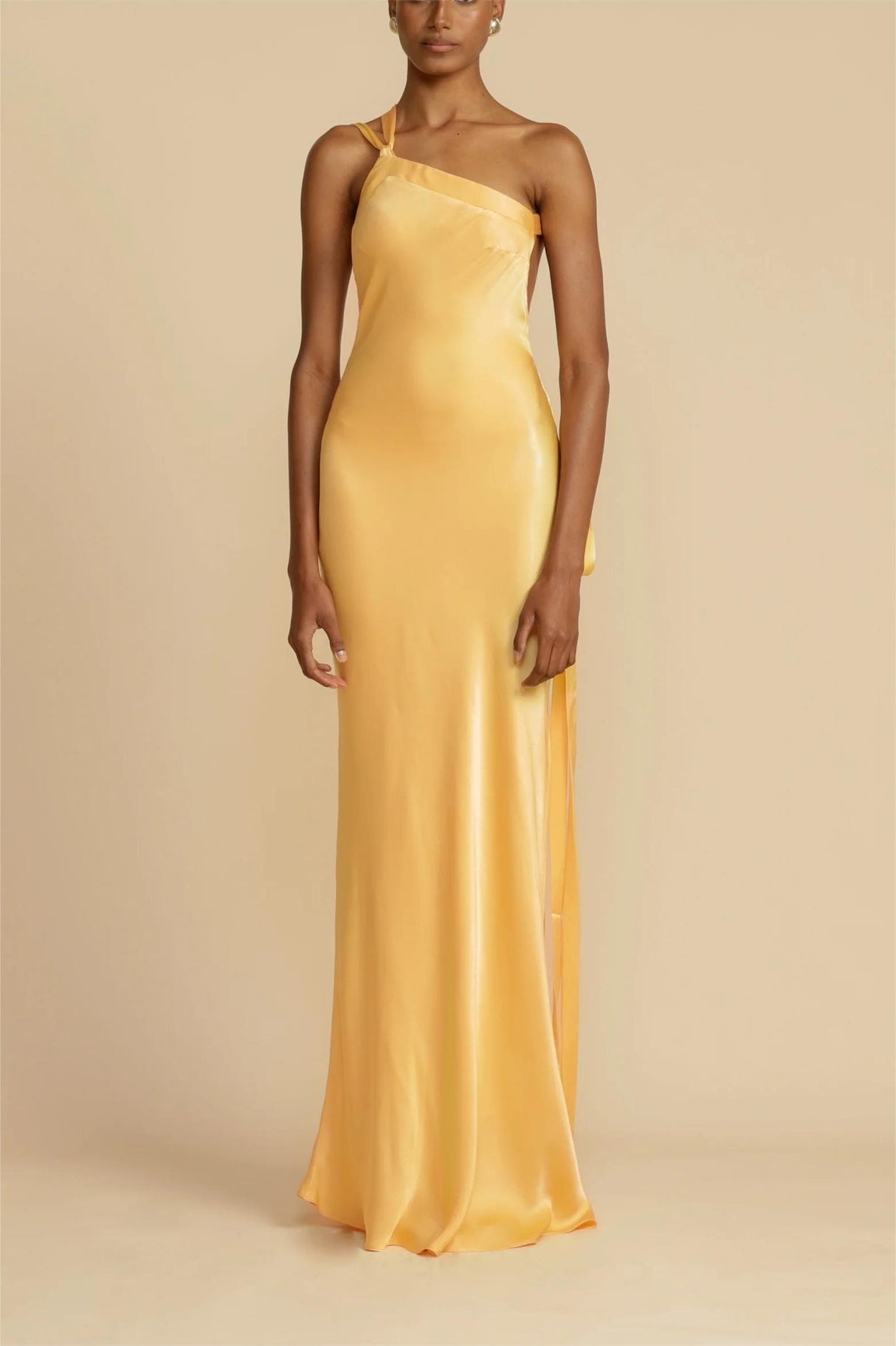 Aurohaya Moonlit Soiree Satin Asymmetrical One Shouder Backless Strap Maxi Dress