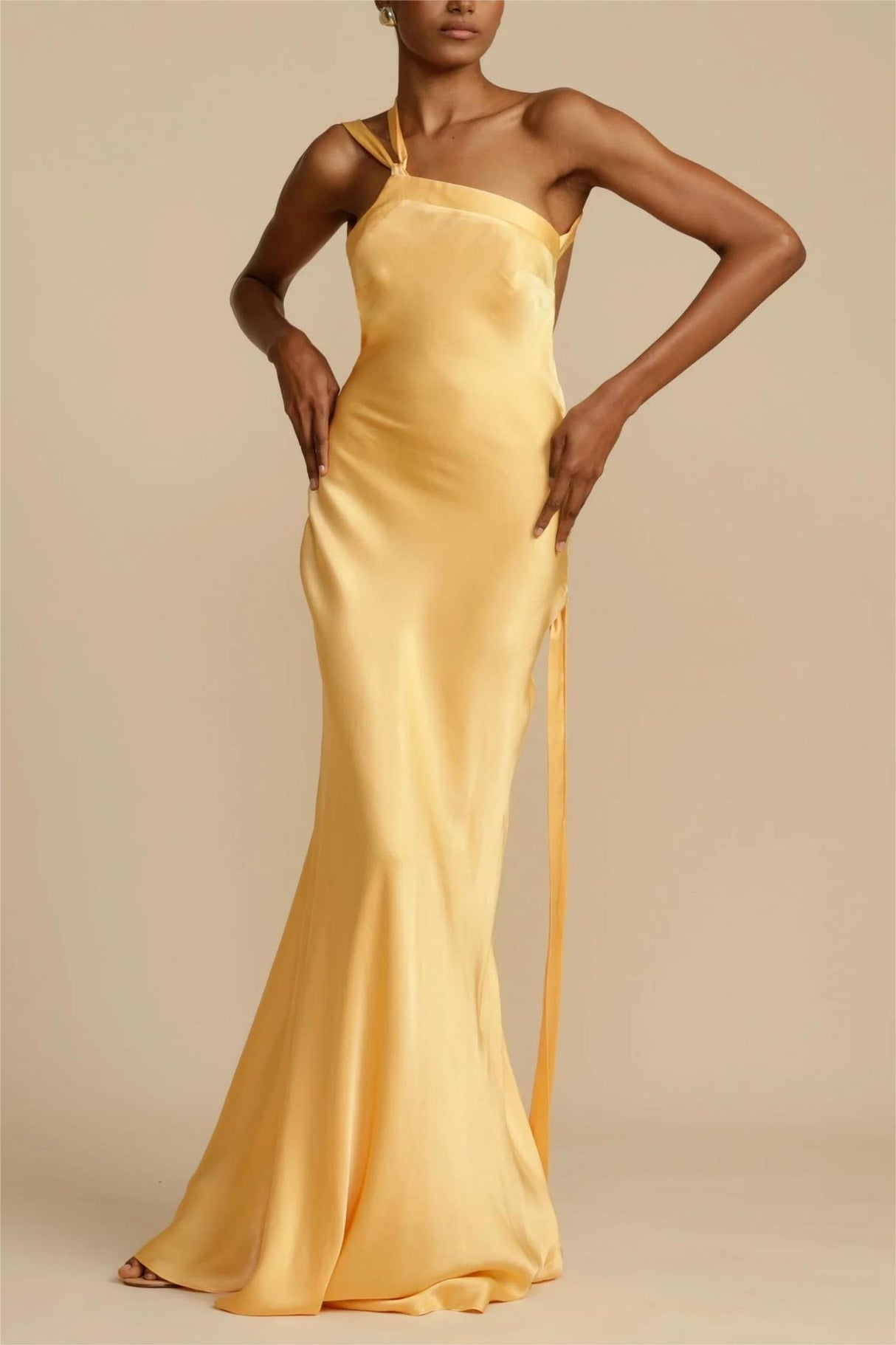 Aurohaya Moonlit Soiree Satin Asymmetrical One Shouder Backless Strap Maxi Dress