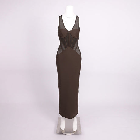 Maelyse Sheer Mesh Corset Midi Dress / Brown
