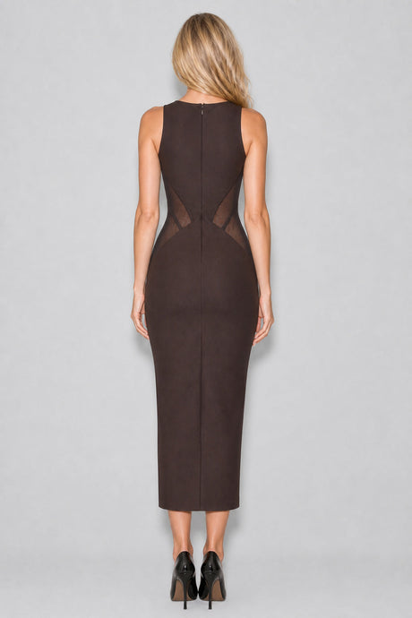 Maelyse Sheer Mesh Corset Midi Dress / Brown