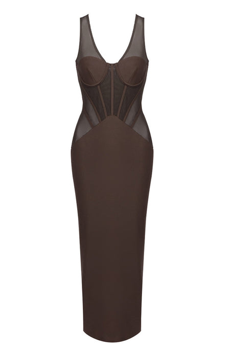Maelyse Sheer Mesh Corset Midi Dress / Brown