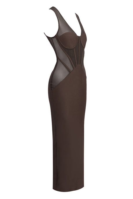 Maelyse Sheer Mesh Corset Midi Dress / Brown