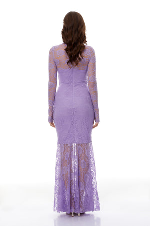 Aurohaya Magdalena Purple Floral Lace Ruched Maxi Dress