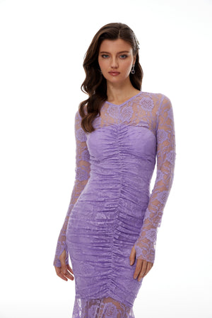 Aurohaya Magdalena Purple Floral Lace Ruched Maxi Dress