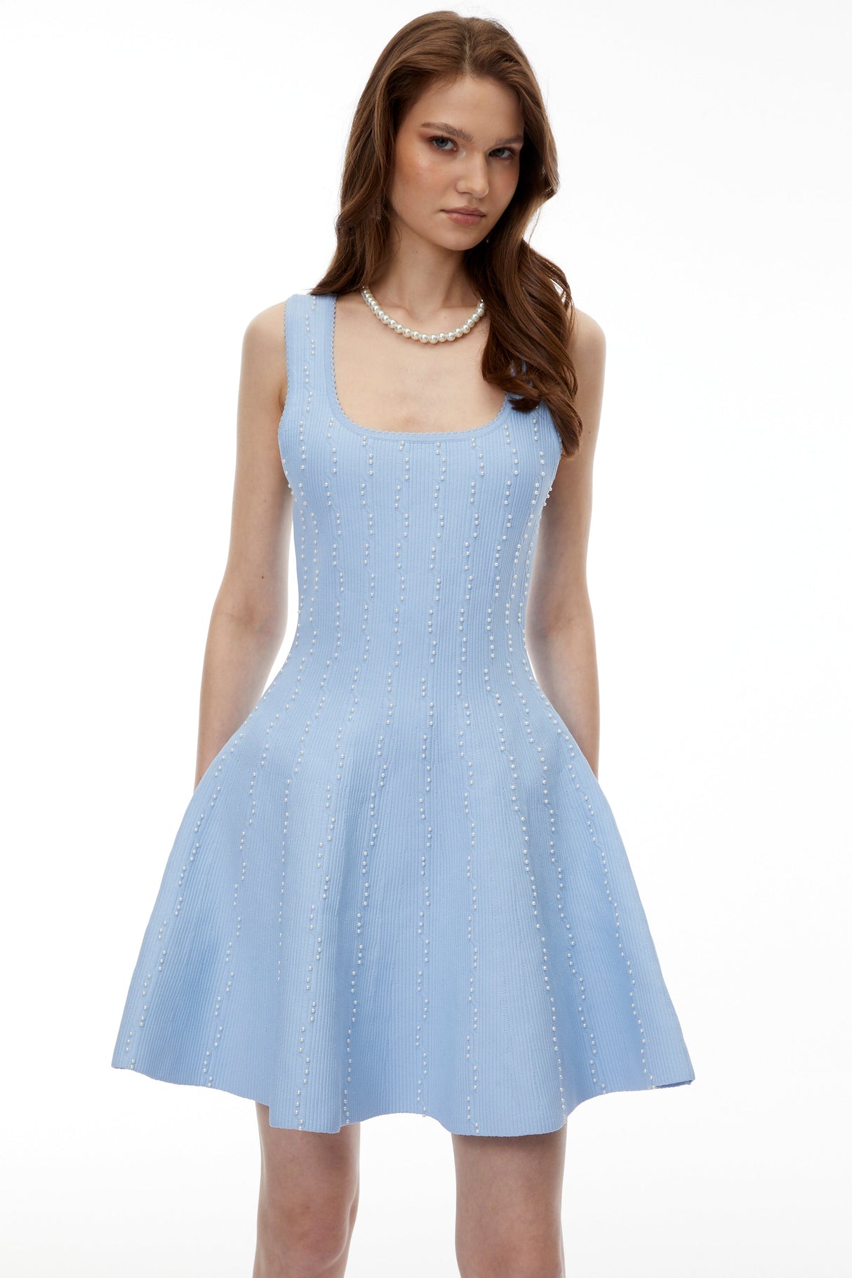 Aurohaya Mahtab Blue Beaded Knit Mini Dress