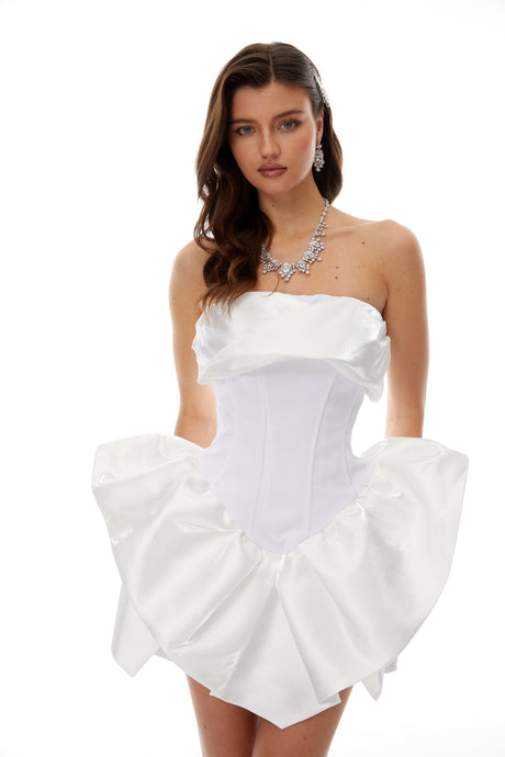 Aurohaya Maialen White Ruffled Asymmetrical Mini Dress