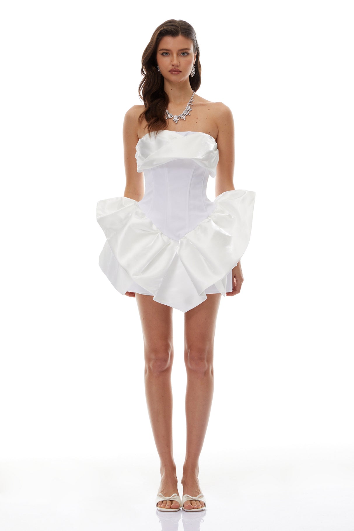 Aurohaya Maialen White Ruffled Asymmetrical Mini Dress