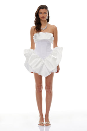 Aurohaya Maialen White Ruffled Asymmetrical Mini Dress