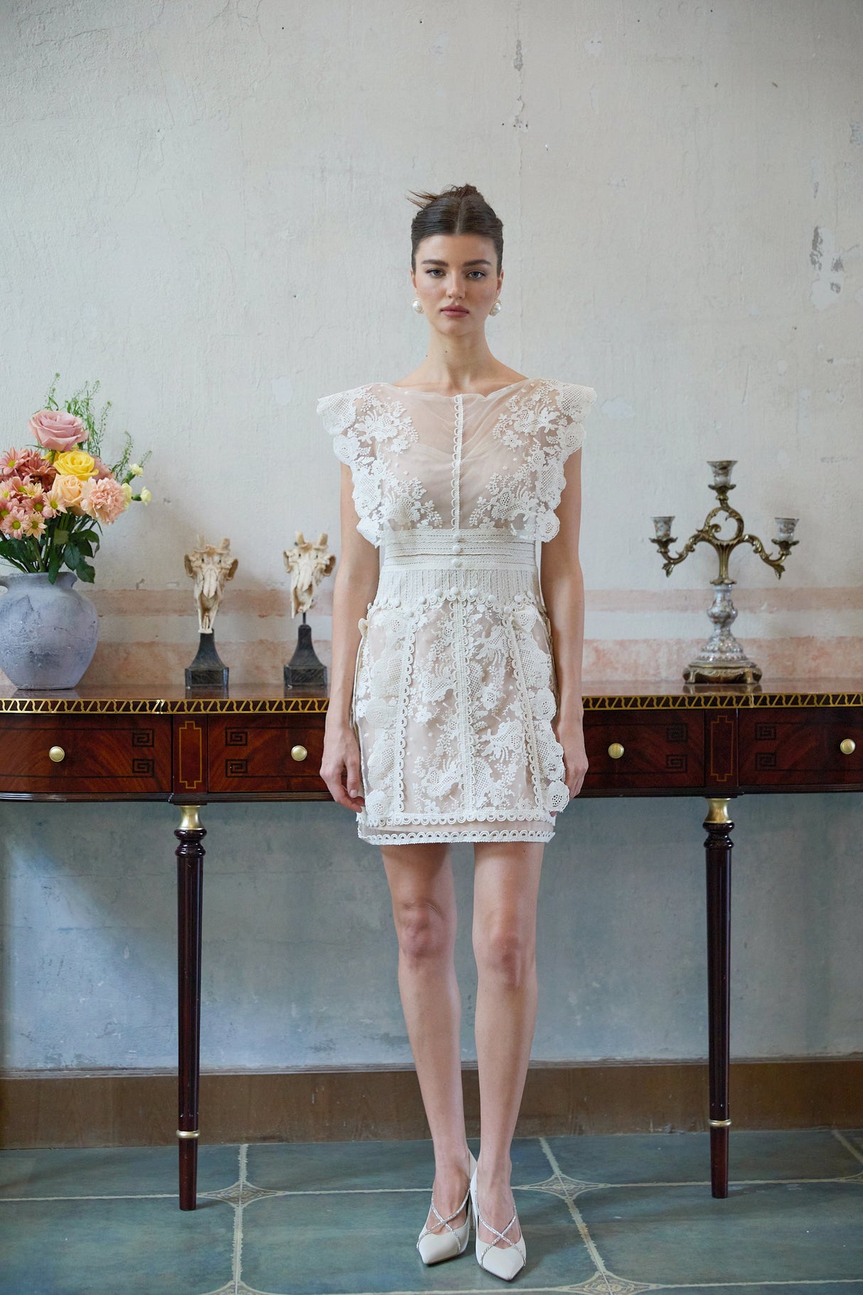 Aurohaya Maïa white floral-embroidered lace mini dress