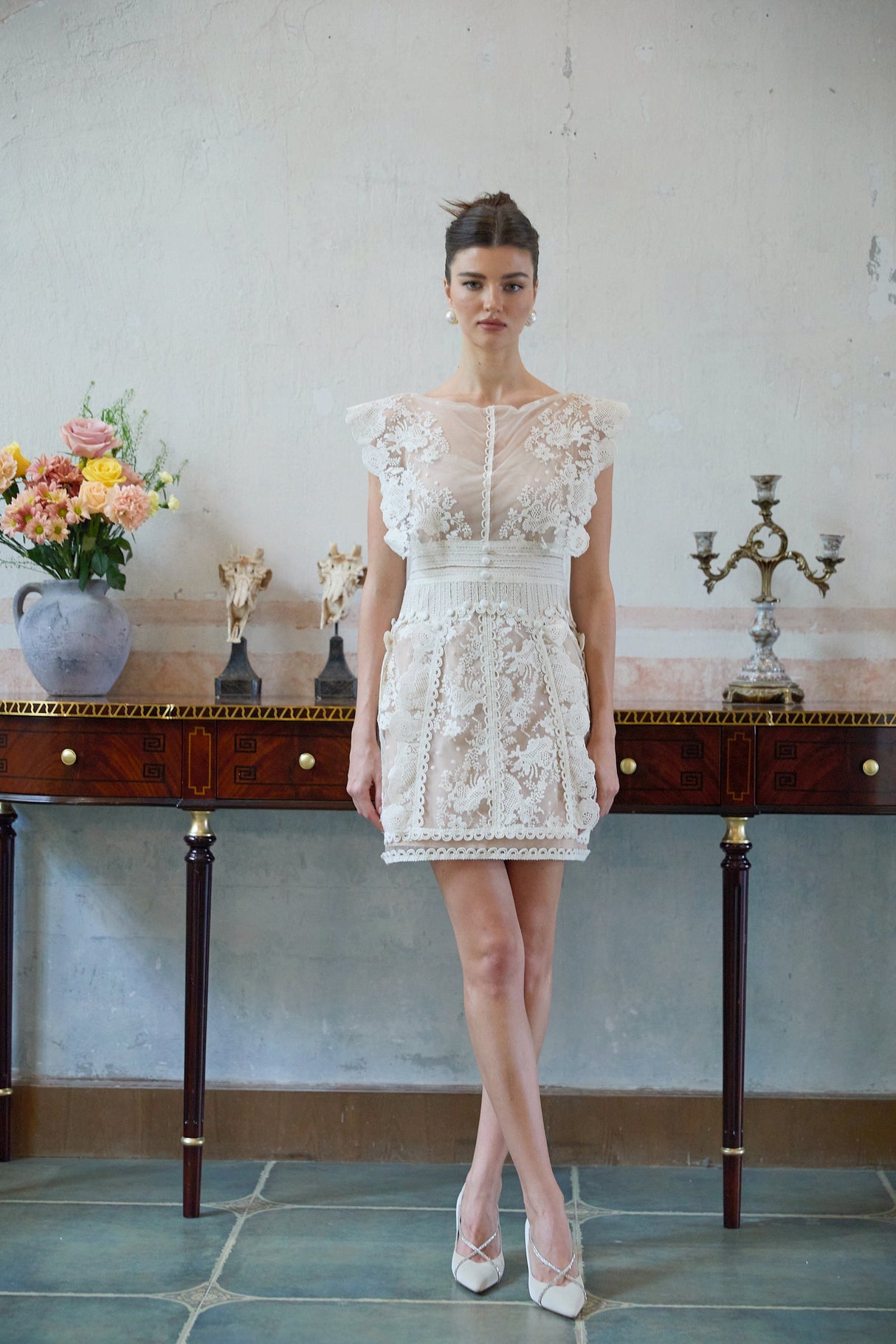 Aurohaya Maïa white floral-embroidered lace mini dress