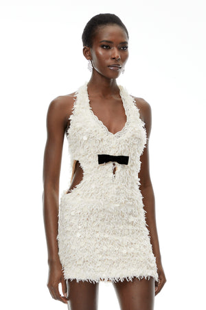 Aurohaya Maite Neutral Halterneck Mini Dress with Fringe