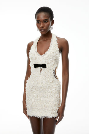 Aurohaya Maite Neutral Halterneck Mini Dress with Fringe