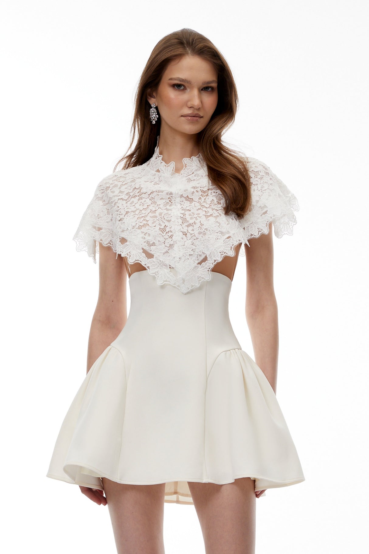 Aurohaya Mandana White Lace Mini Dress with Cape