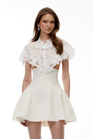 Aurohaya Mandana White Lace Mini Dress with Cape
